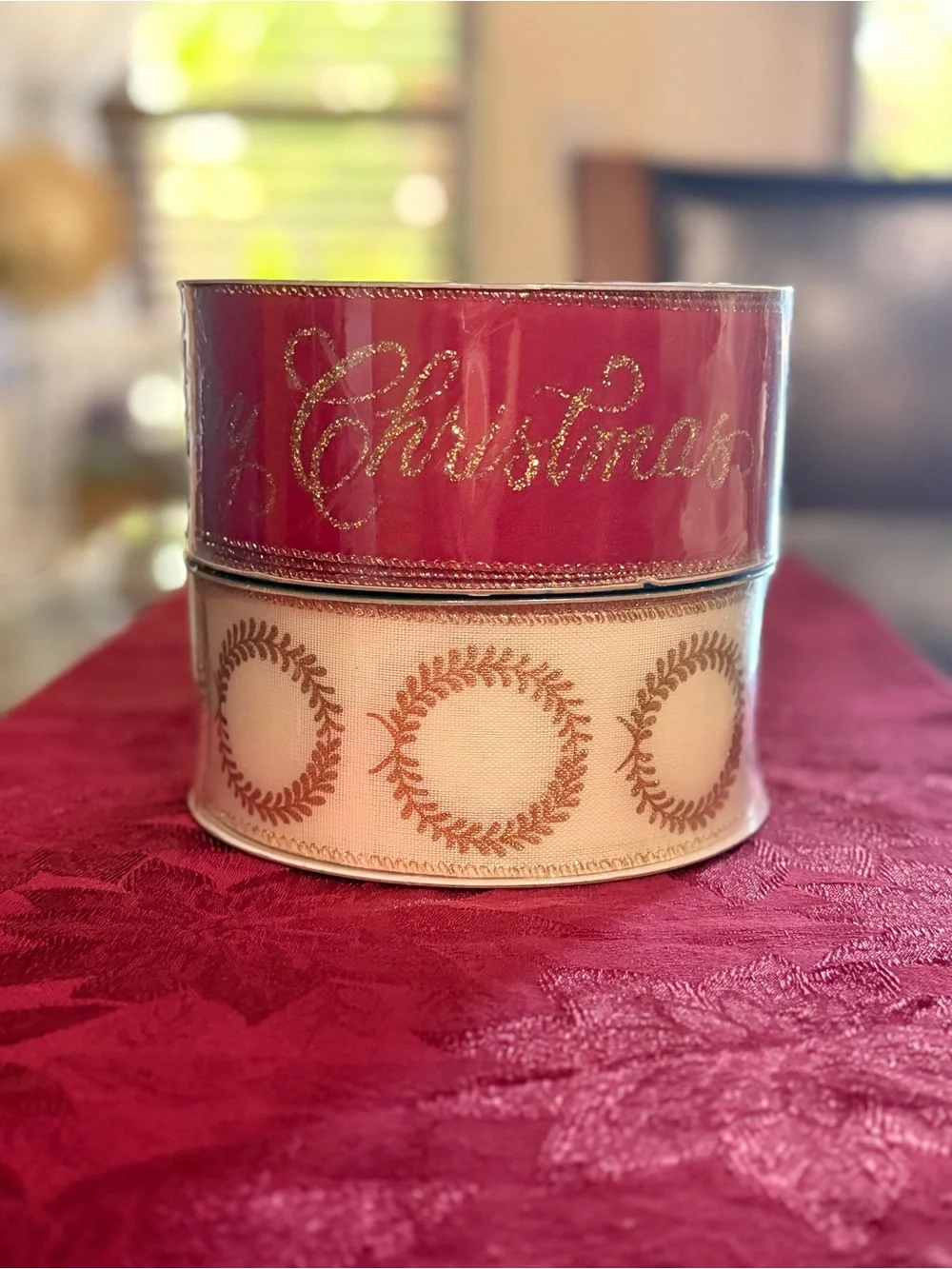Christmas Ribbon & Gold Wreath Holiday Ribbon Set - Red and Ivory
